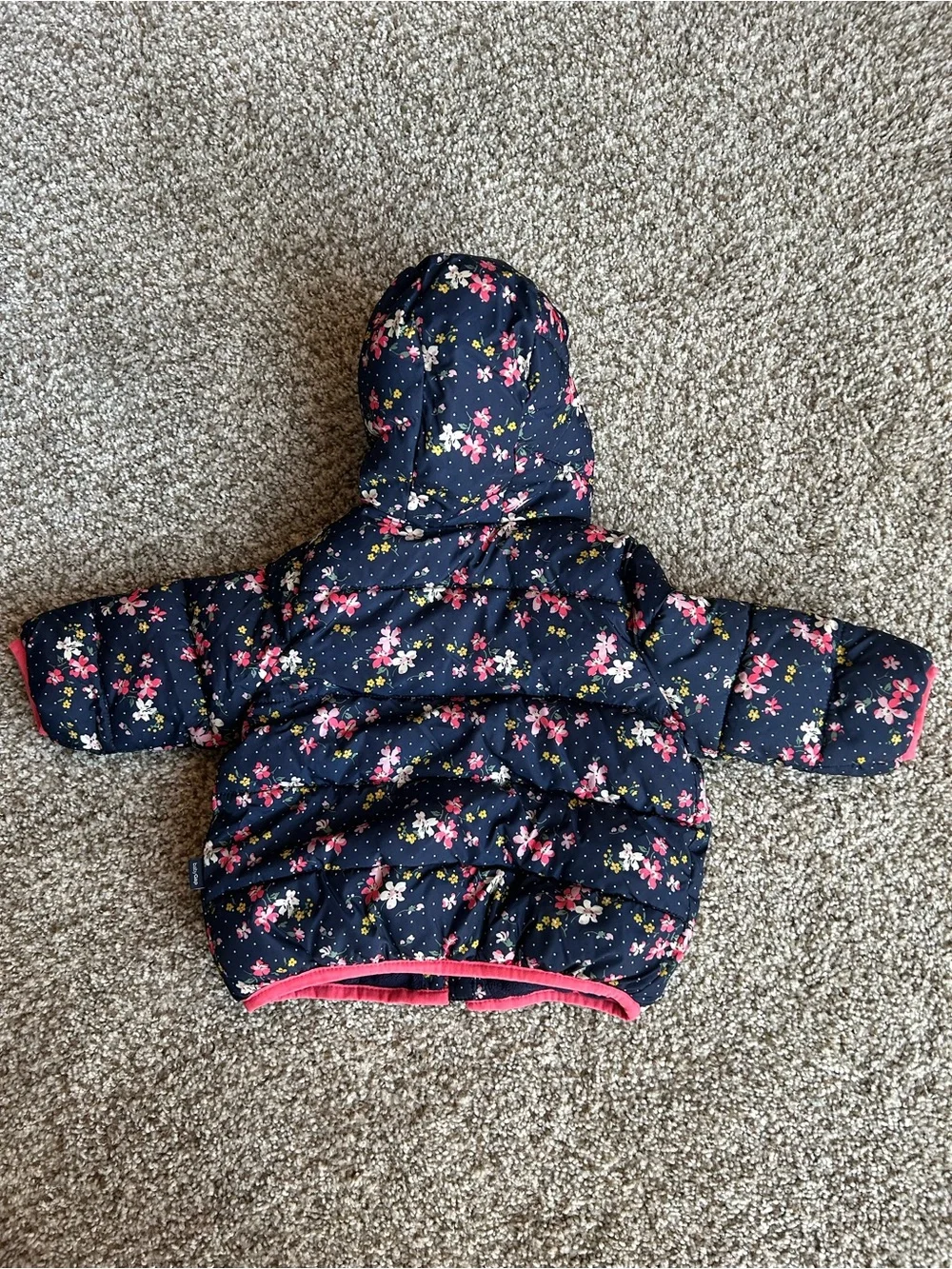 GAP Navy Floral Puffer Jacket with Pink Trim and Hood, 6-12 months